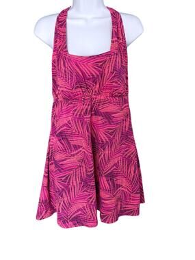 Lands’ End Square Neck Halter Swim Dress Women’s 14 One Piece Swimsuit Pink Palm